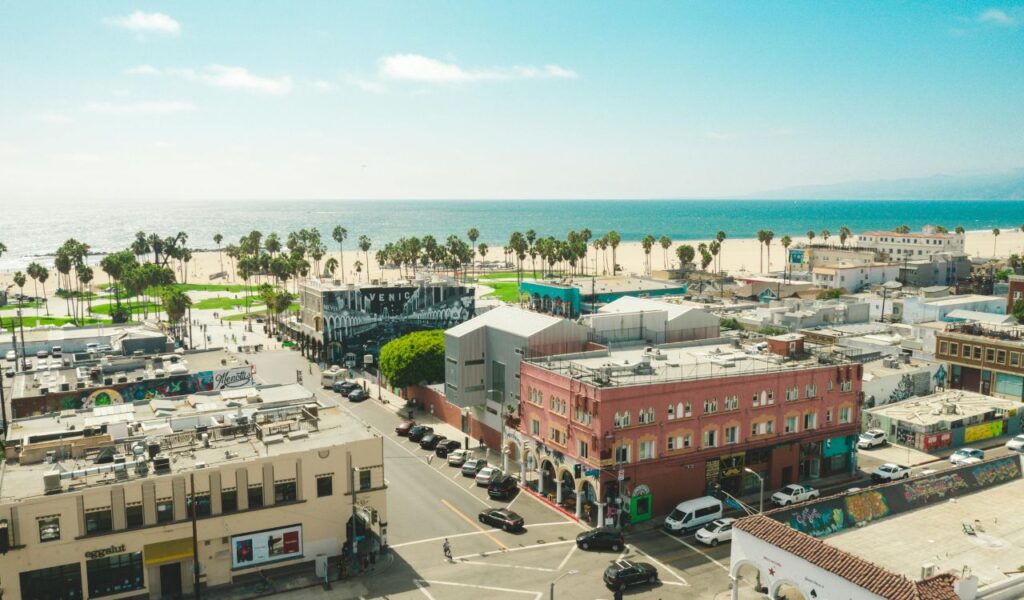 An aerial view of Venice Beach in Southern California with colorful buildings, palm trees, and the ocean in the background on a sunny day.