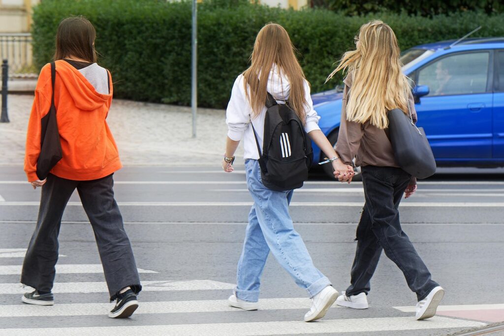 Tourist crossing strip safely
