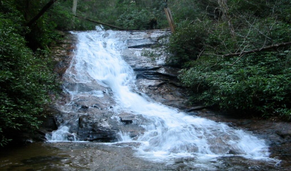 Helton Creek Falls flowing over smooth rock layers into a shallow pool, surrounded by dense green foliage in a serene forest setting.