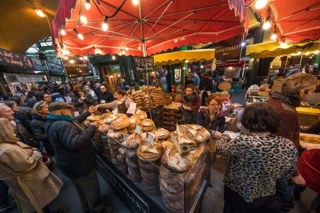 “Historic European food market interior”