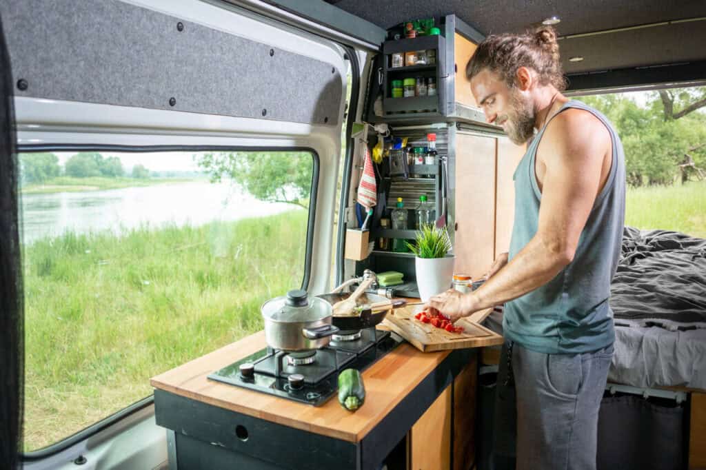 Inside view of a compact RV kitchen with limited counter space