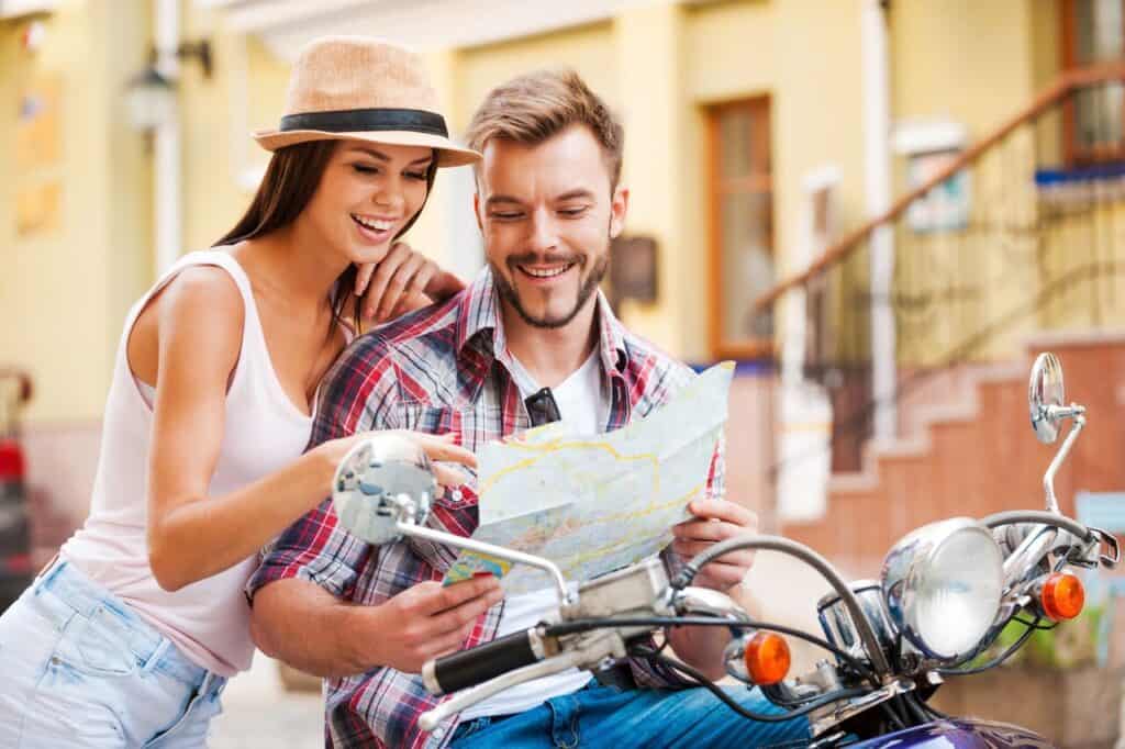 tourists exploring town by bike