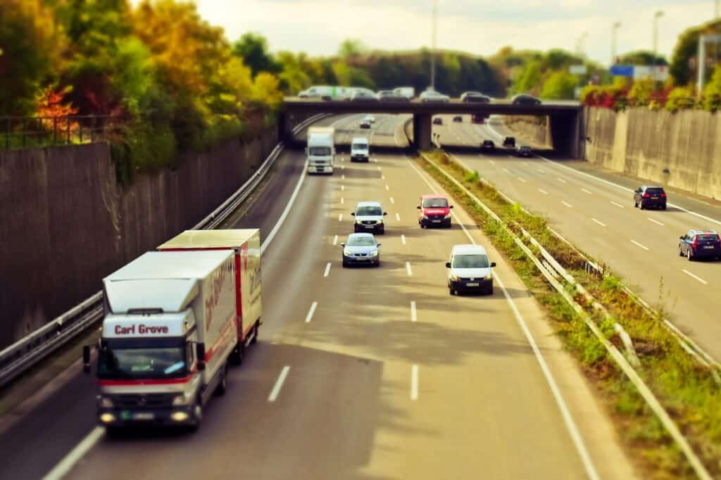 A freeway shot with clear lane divisions and cars moving smoothly