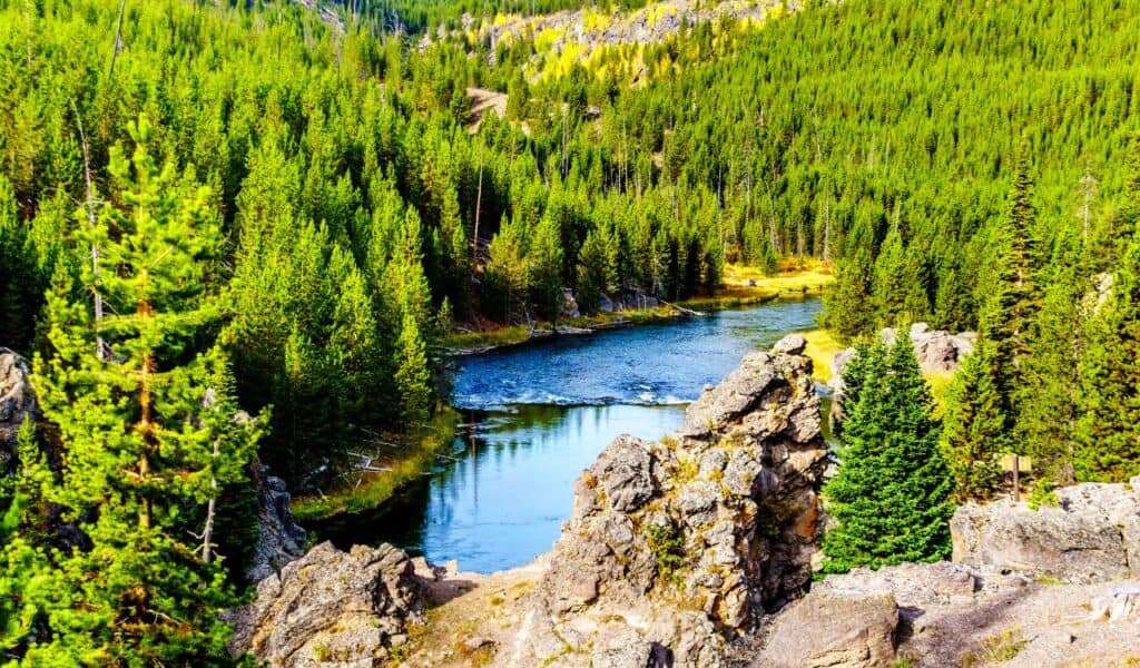 Aerial view of the Swimming Area in the Firehole River in Yellowstone National Park, Wyoming, United States of America