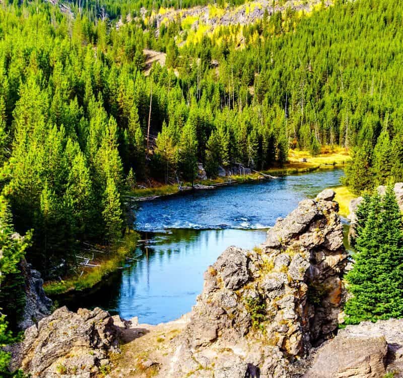 Aerial view of the Swimming Area in the Firehole River in Yellowstone National Park, Wyoming, United States of America