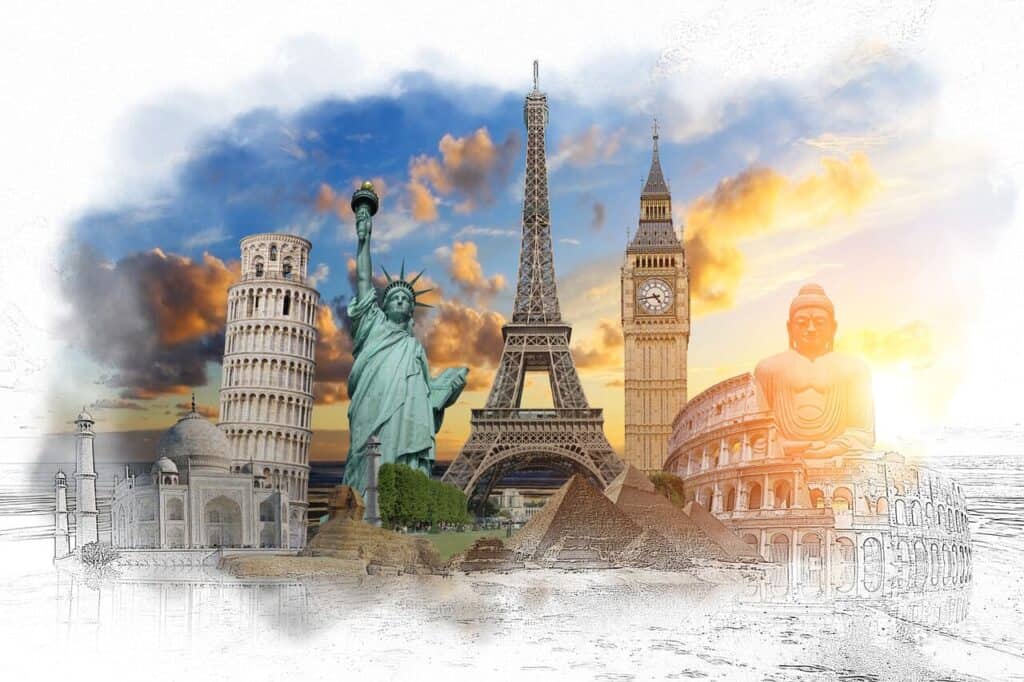 Collage of global travel icons