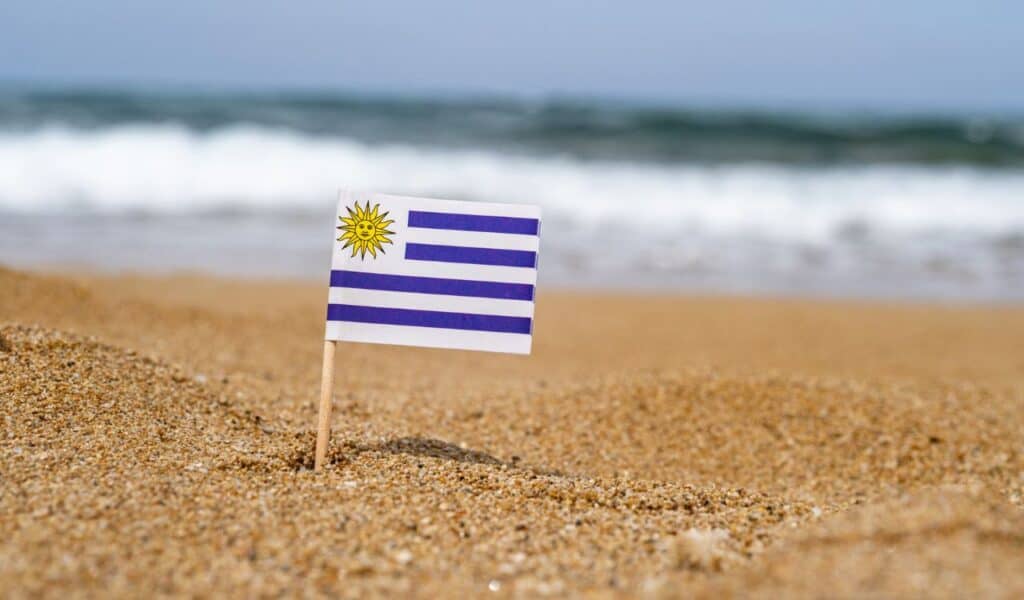 Flag of Uruguay in the form of a toothpick in the sand of beach opposite sea wave. Travel concept