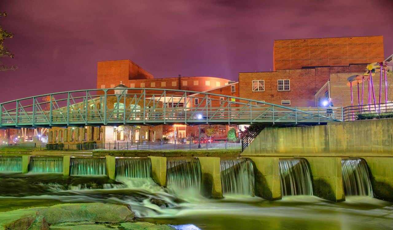 Greenville South Carolina near Falls Park River Walk at nigth.
