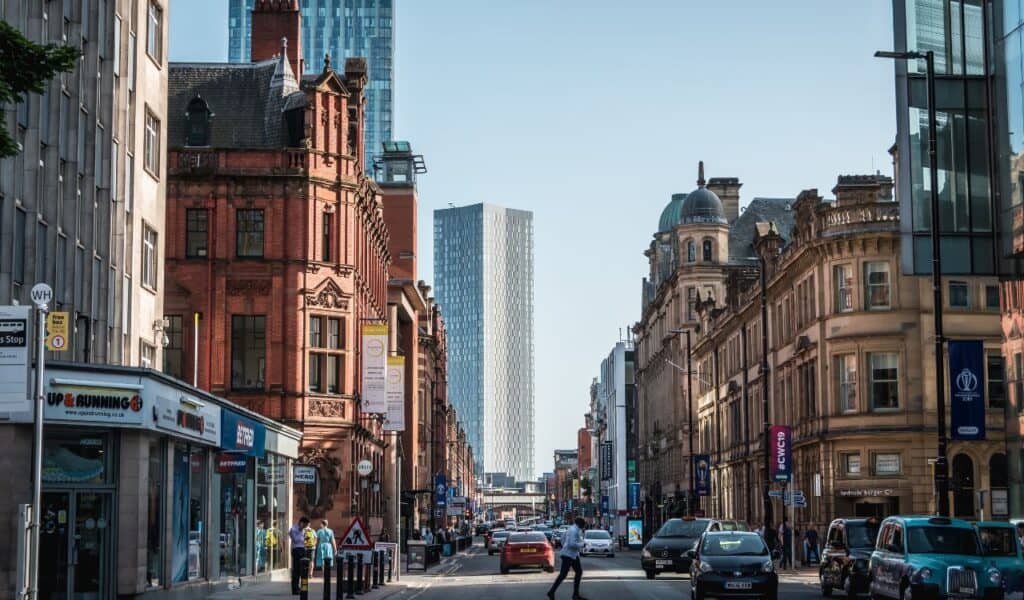 Manchester, England, UK - 11.20.2020 Deansgate Road with Old and New Buildings