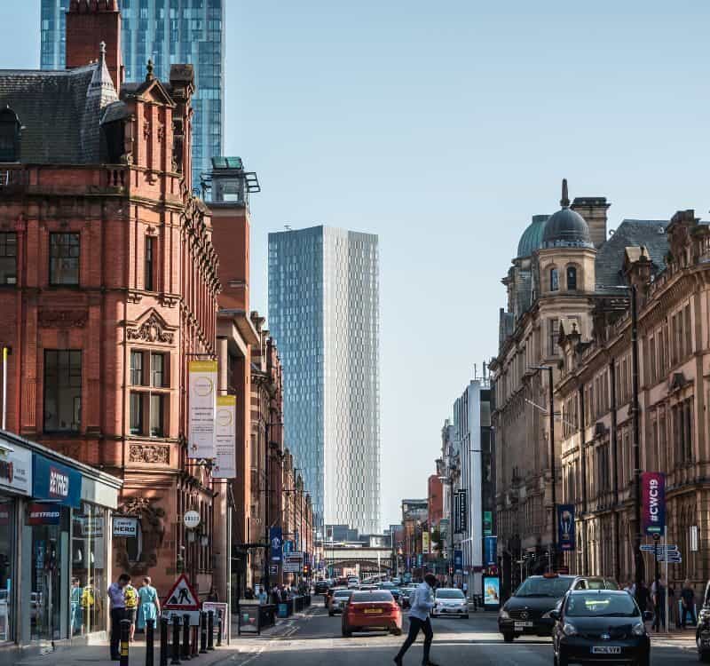 Manchester, England, UK - 11.20.2020 Deansgate Road with Old and New Buildings