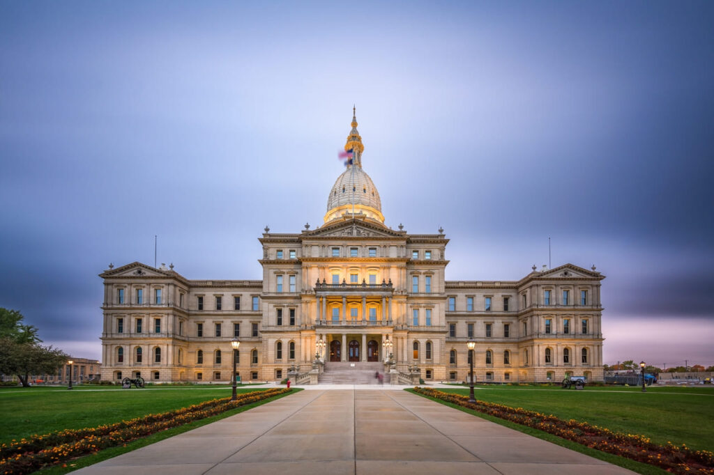 Michigan State Capitol in the evening.