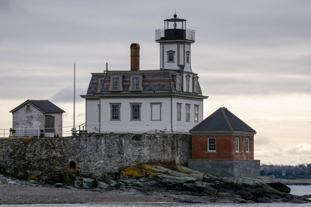View of the Rose Island Lighthouse, Narragansett Bay in Newport, Rhode Island, USA