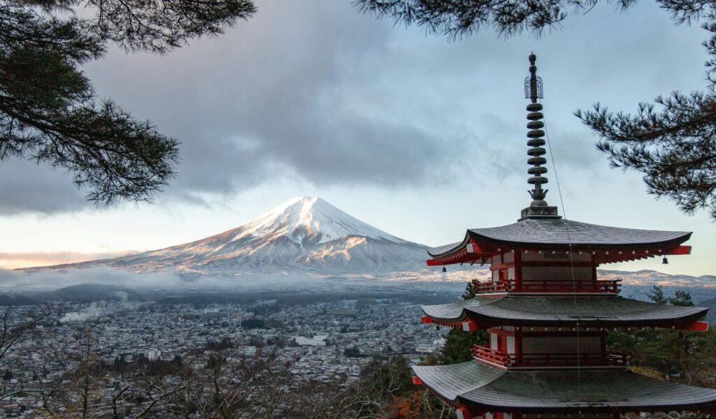 Red and Gray Pagoda Temple Fujinomiya, Shizuoka, Japan