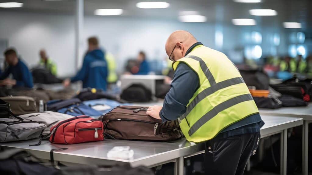 TSA agent checking a bag inside