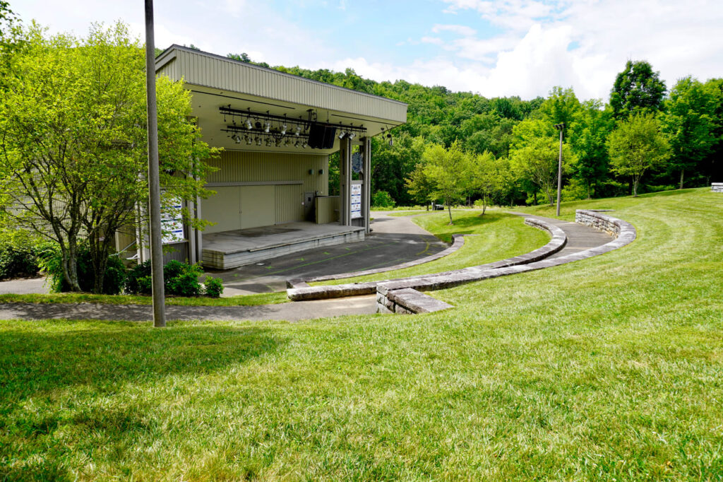 Galax, VA -2021: The Blue Ridge Music Center outdoor amphitheater at the base of Fisher Peak on The Blue Ridge Parkway. The center celebrates the music and musicians of the Blue Ridge Mountains.