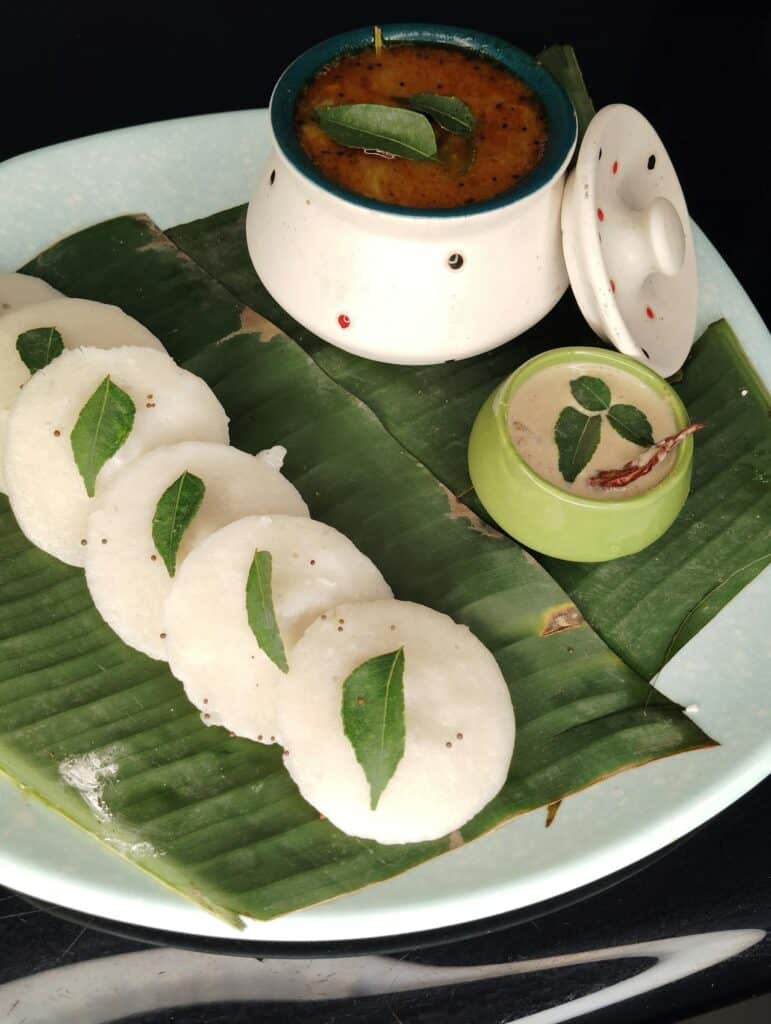 Traditional South Indian Idli with Sambar and Chutney