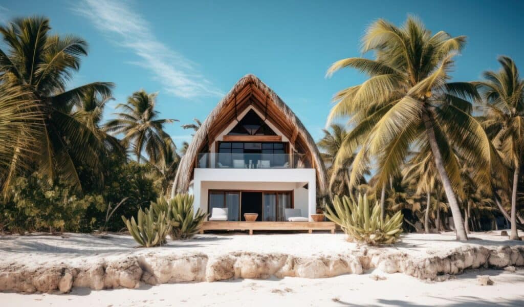 Tropical beach with bungalows and palm trees at maldives