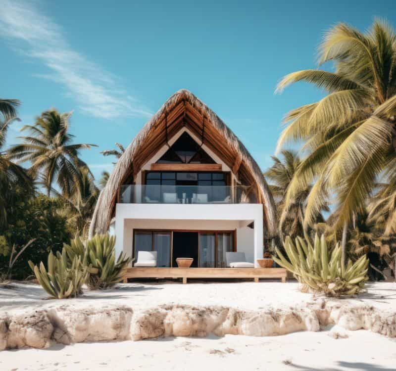 Tropical beach with bungalows and palm trees at maldives