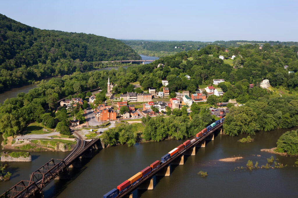 an aerial view of the town of Harpers Ferry, West Virginia, which includes Harpers Ferry National Historical Park.
