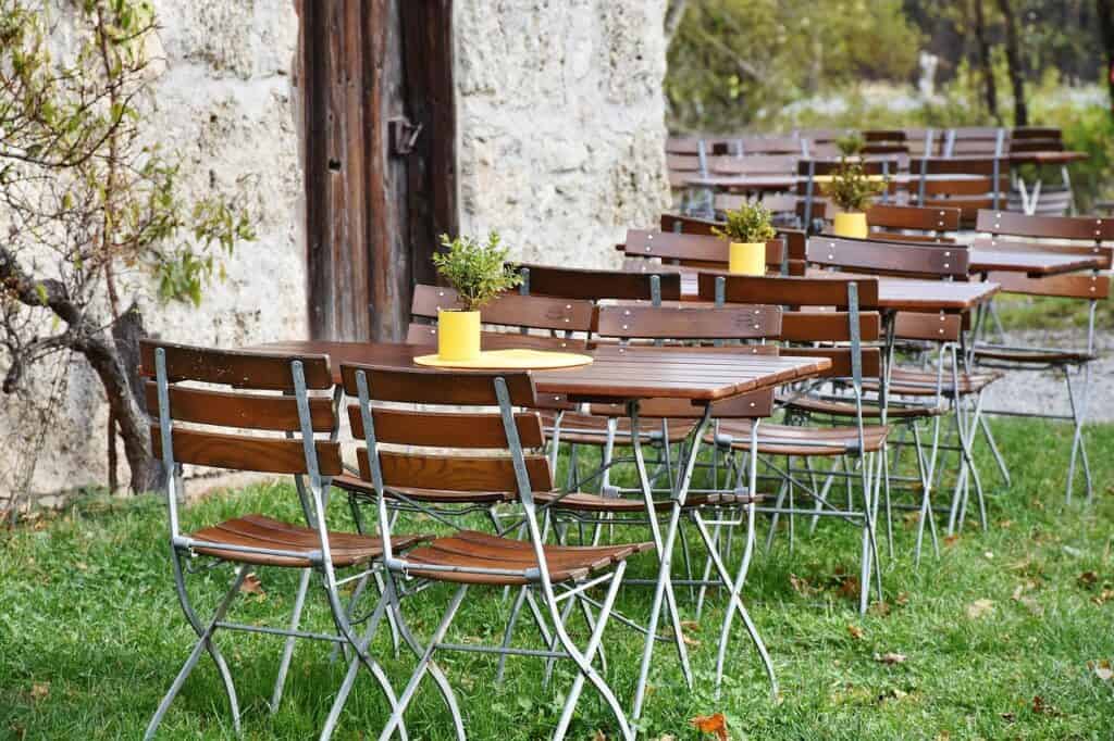 Beer garden, Chairs, Tables image.