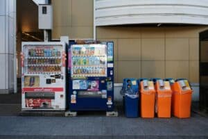 clearly labeled trash and recycling bins in Japan