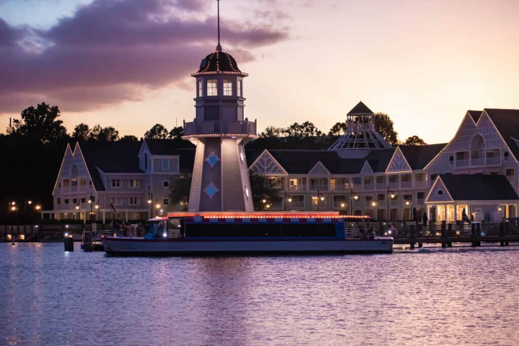 lighthouse and villas on colorful sunset background at Lake Buena Vista 55