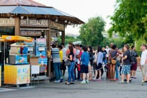 Tourists waiting in buffet line
