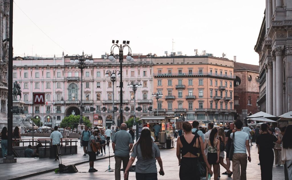 Italian piazza evening people walking
