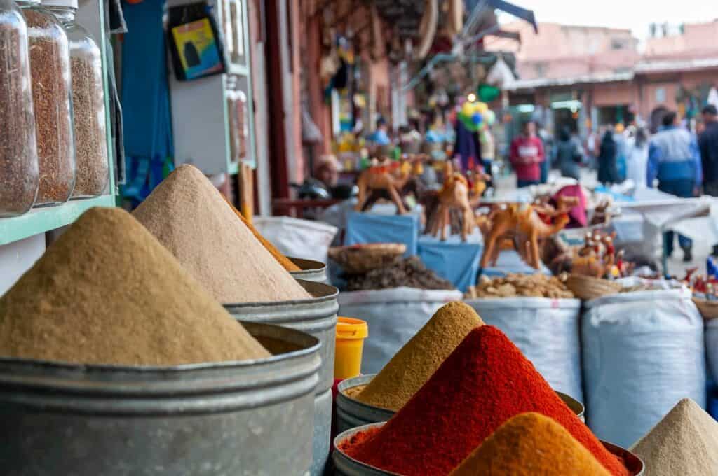 Stall with various oriental spices in local bazaar, marrakesh, Morocco