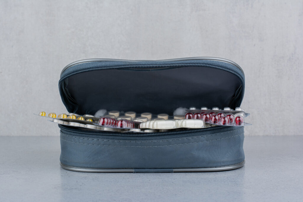 prescription pill in clear travel bag”