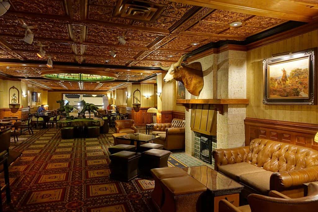 The Driskill hotel lounge at night warm lighting
