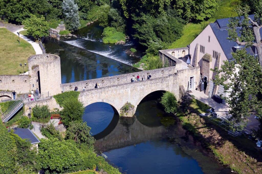 View of a old stone bridge, city Luxembourg in Luxembourg