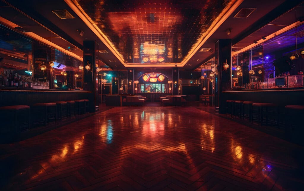 Interior of a night club with bright neon lights and wooden floor