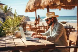 “remote worker laptop cafe by the beach tropical island Barbados Costa Rica”