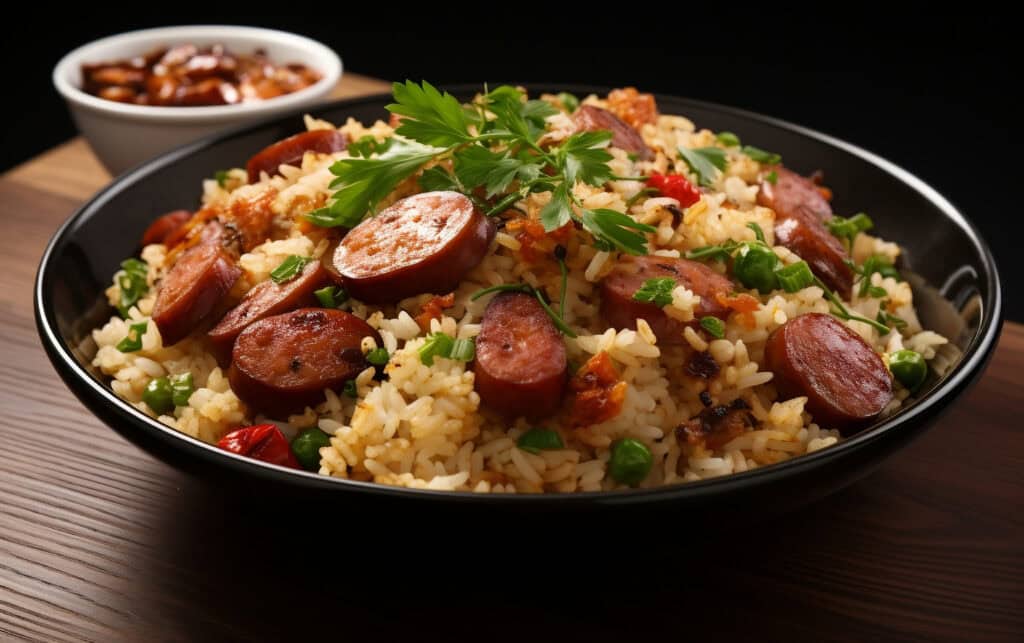 New Orleans gumbo bowl with rice and andouille sausage