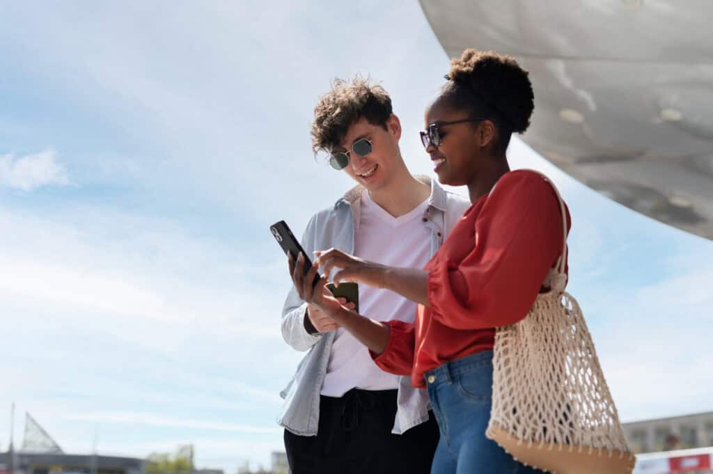 tourist using phone airport