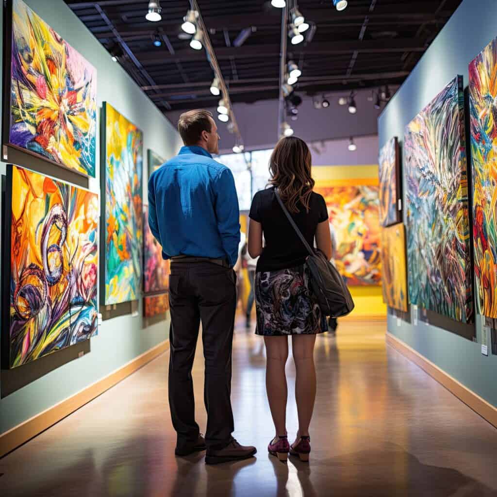 Visitors walking through a museum-style gallery exhibit in Vegas.