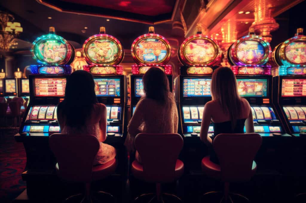 A busy casino floor with rows of slot machines and players seated.