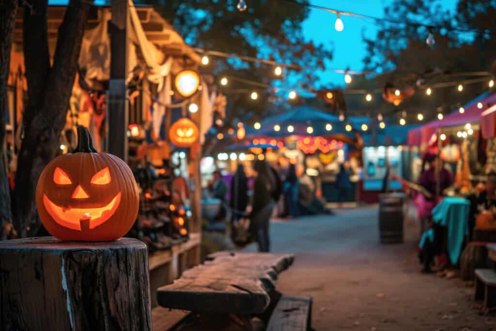 A pumpkin that has been intricately carved to resemble a classic jack-o-lantern, with a grinning face and glowing eyes, Halloween-themed street fair in a small coastal town, AI Generated