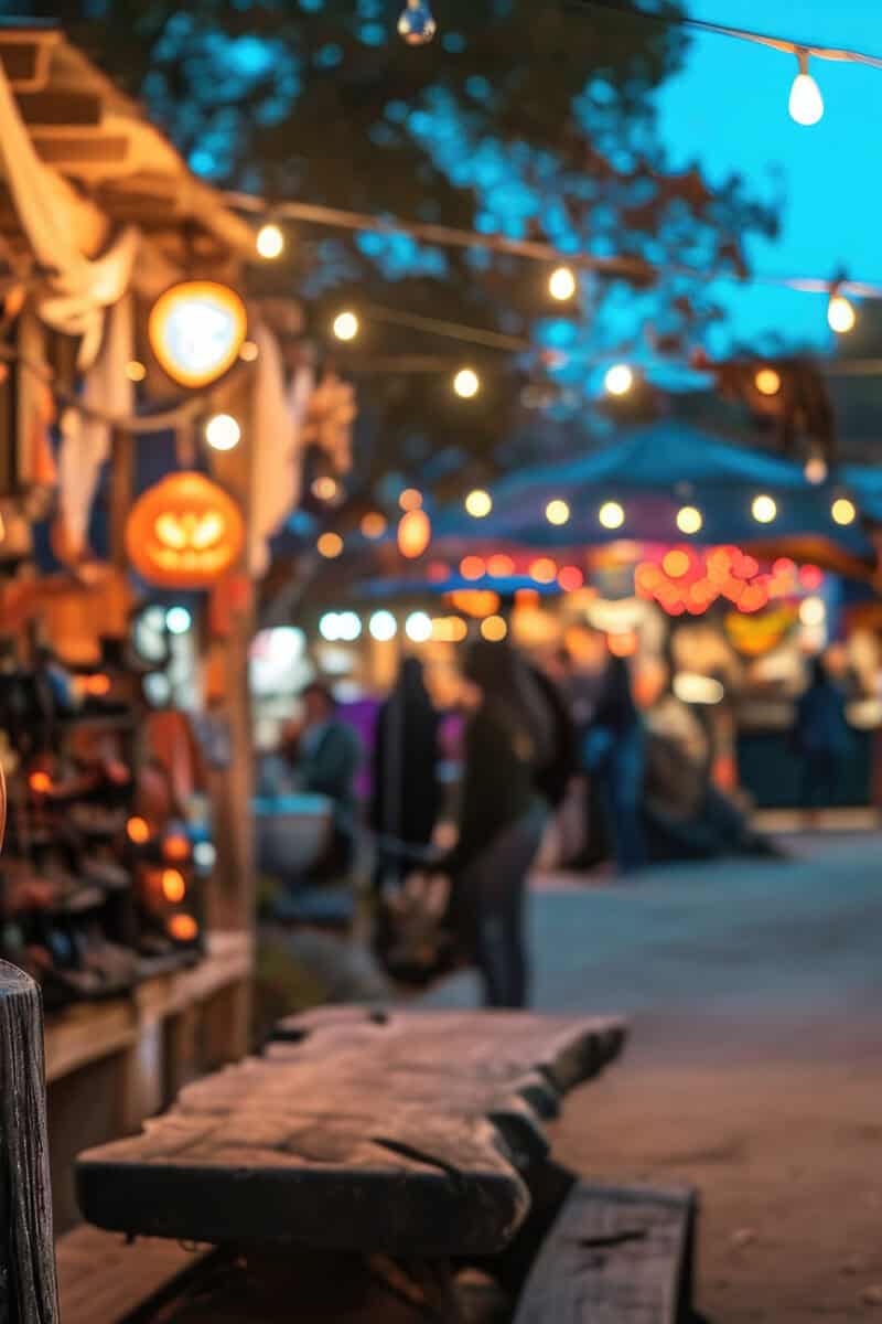 A pumpkin that has been intricately carved to resemble a classic jack-o-lantern, with a grinning face and glowing eyes, Halloween-themed street fair in a small coastal town, AI Generated