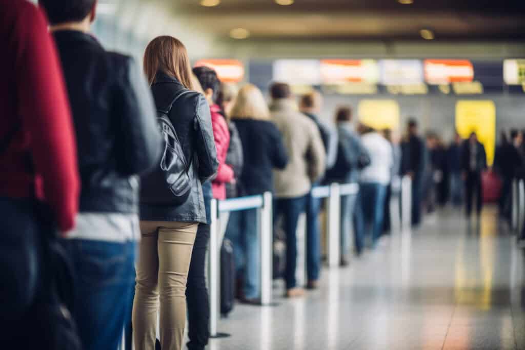 passport control line with diverse travelers