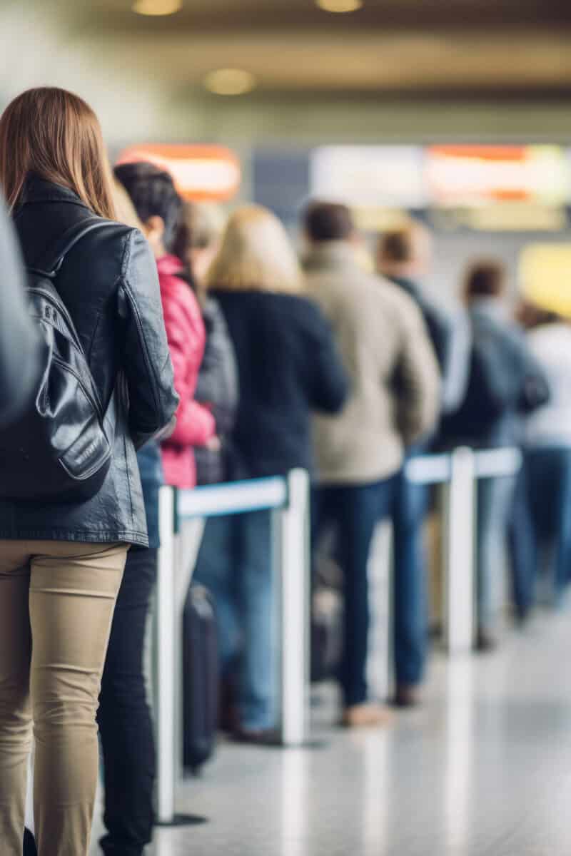 passport control line with diverse travelers