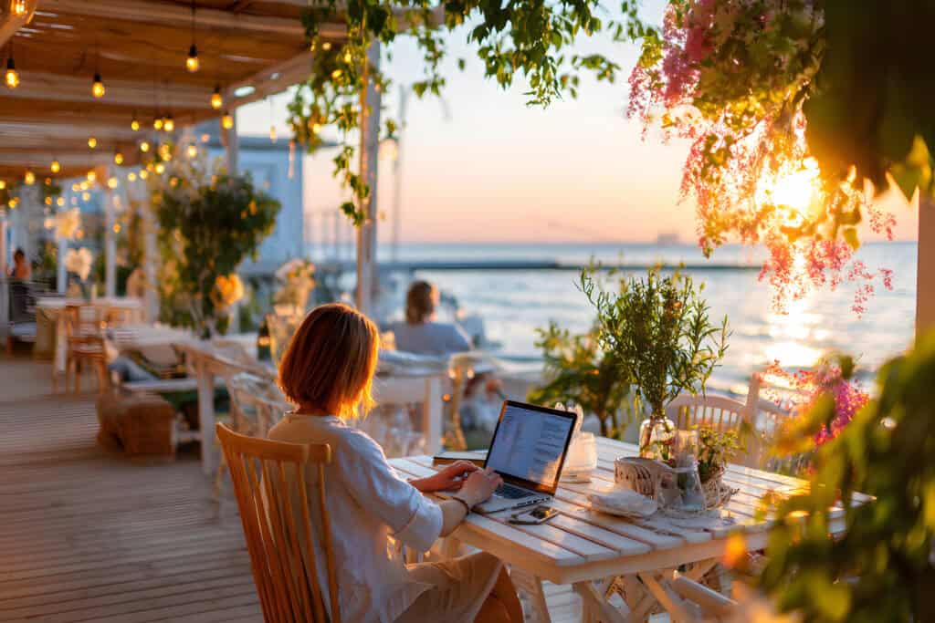 digital nomad working in modern coworking space secure access