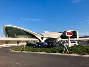 airport hotel exterior at twilight,
