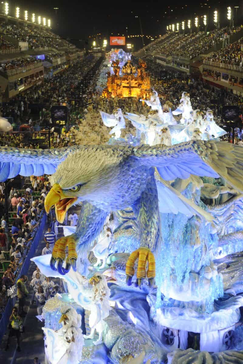 Rio Carnival samba parade feathers aerial