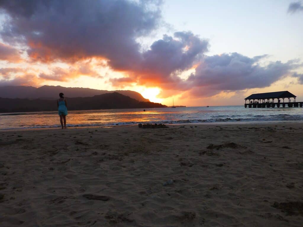 Hanalei Bay beach sunset Kauai