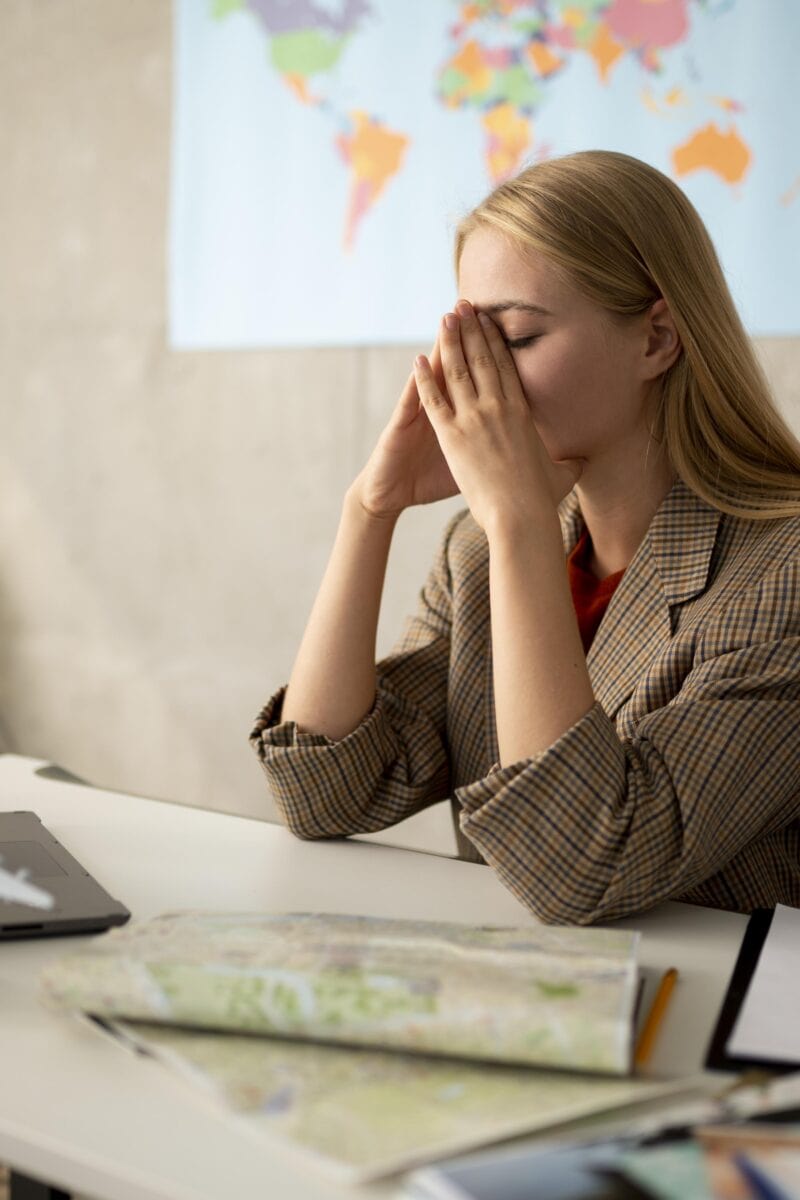 visa application stress concept at desk with paperwork,”