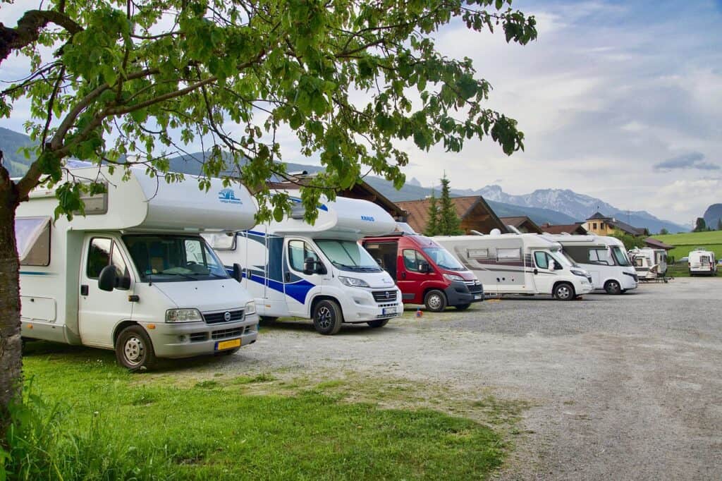 A properly parked RV neatly inside its space.