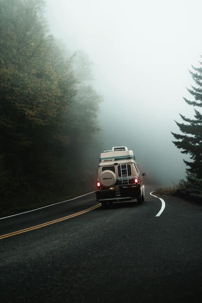 Tow vehicle and RV braking with large gap ahead.