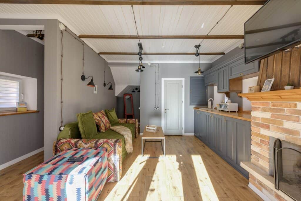 Interior of a vacation rental showing visible cords,